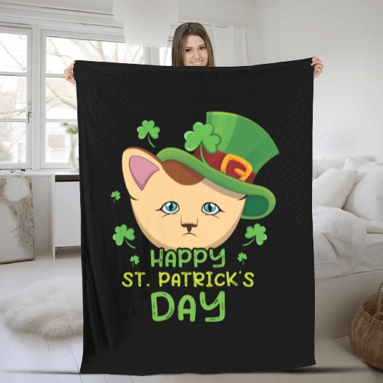 Kawaii Cat Happy Saint Patrick Day Fleece Blankets