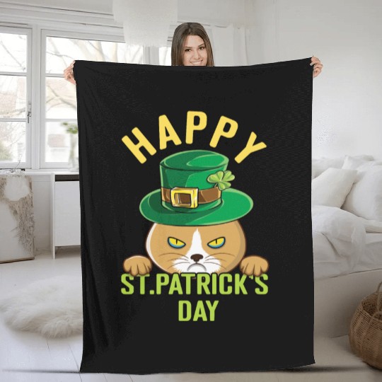 Angry Mad Cat Happy Saint Patrick Day Fleece Blankets