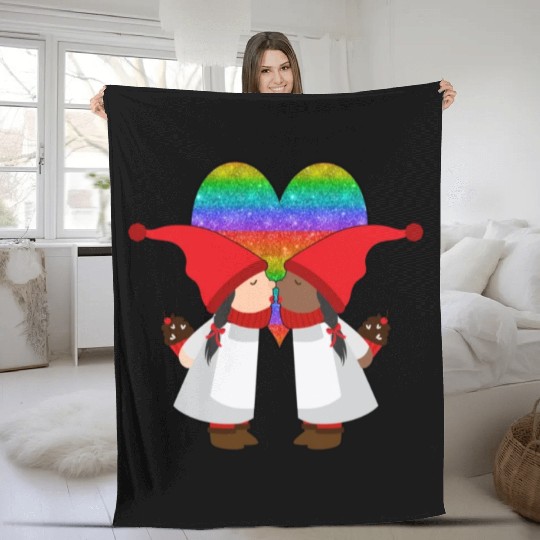Biracial Lesbian Gnome Valentine Couple Mixed LGBT Fleece Blankets