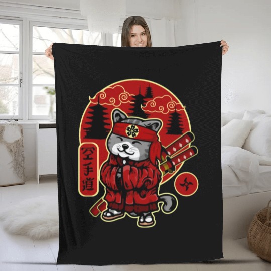 Samurai Cat Fleece Blankets