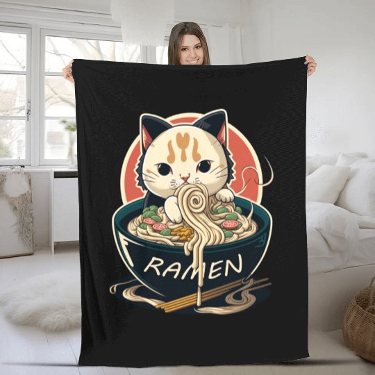 Cute Cat Eating Ramen Fleece Blankets