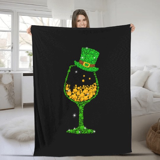 St Patricks Lucky Shamrock Wine Glass Fleece Blankets