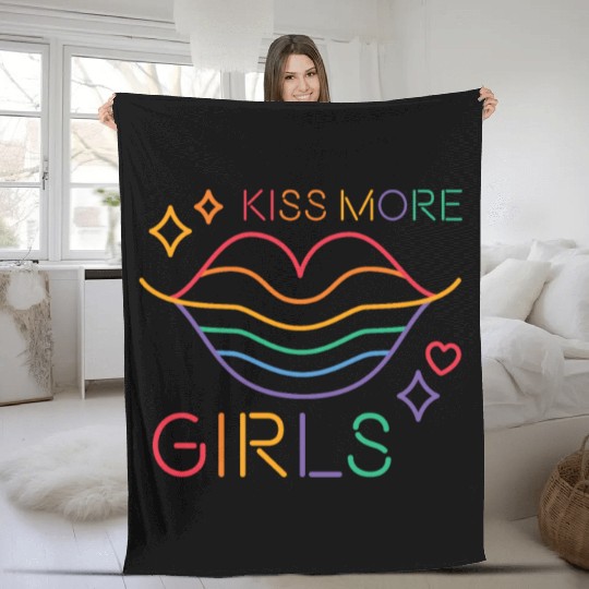 Kiss More Girls LGBT Cute Lesbian Pride Month Fleece Blankets