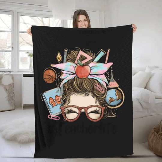 Messy Bun Teacher Life Sublimation Fleece Blankets