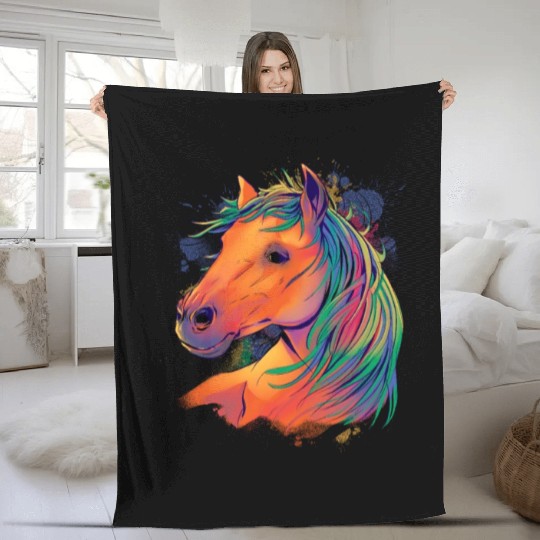 Horse head with colorful mane Fleece Blankets