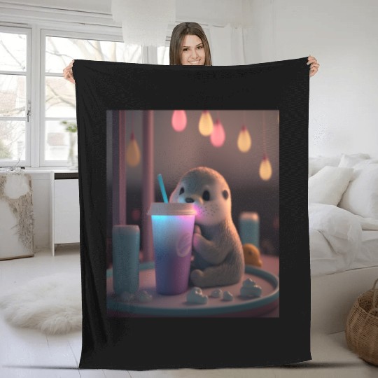Kawaii Otter Pet Otter Drinking Boba Tea Fleece Blankets