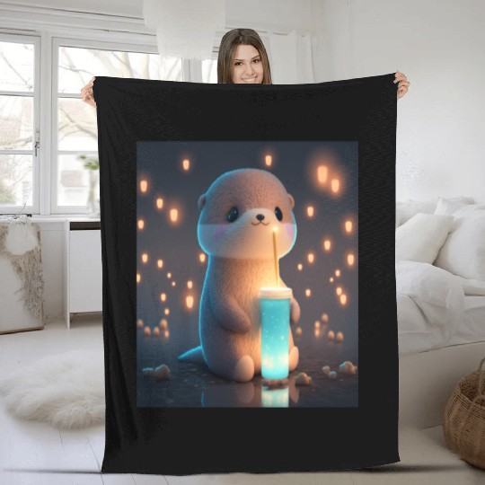 Kawaii Otter Pet Otter Drinking Boba Tea Fleece Blankets