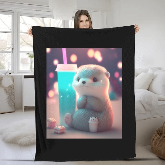 Kawaii Otter Pet Otter Drinking Boba Tea Fleece Blankets