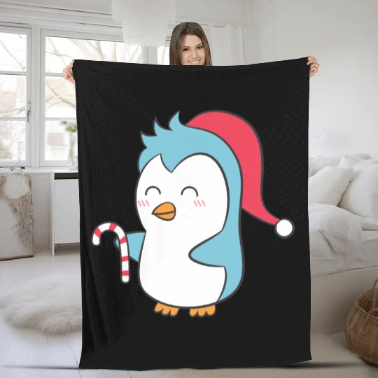 Cute Penguin with Christmas Hat and Candy Cane Fleece Blankets
