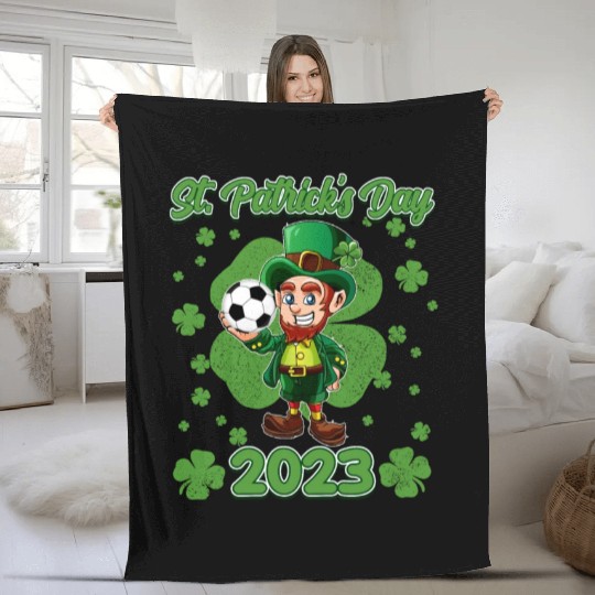 Cute St Patrick 2023 Kids Soccer Ball Green Leprec Fleece Blankets