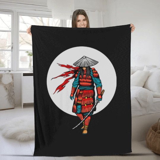 Japanese samurai warrior blue mask Fleece Blankets