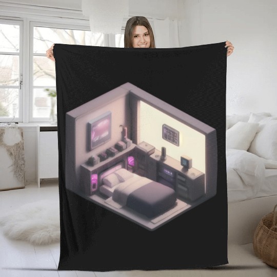 Isometric Bedroom - Synthwave Retro Future Room Fleece Blankets