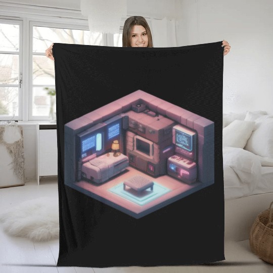 Voxel Room - Synthwave Retro Futuristic Room Fleece Blankets