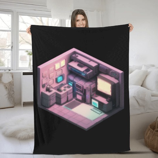 Synthwave Isometric Voxel Bedroom - Future Room Fleece Blankets