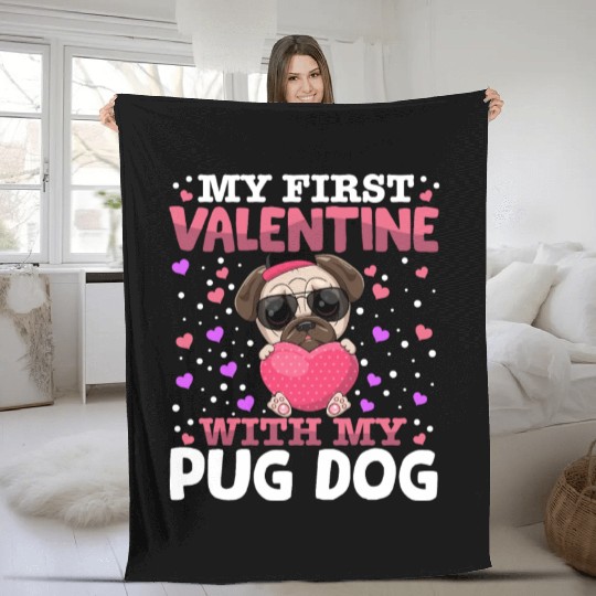 My First Valentine With My Pug Dog Animal Heart Fleece Blankets
