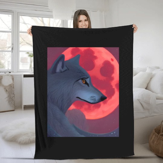 A Grey Wolf Staring at a Blood Moon Fleece Blankets