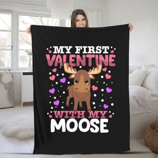 My First Valentine With My Moose Animal Heart Fleece Blankets