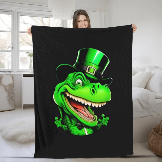 Funny St Patricks Day Dinosaur With Top Hat Fleece Blankets