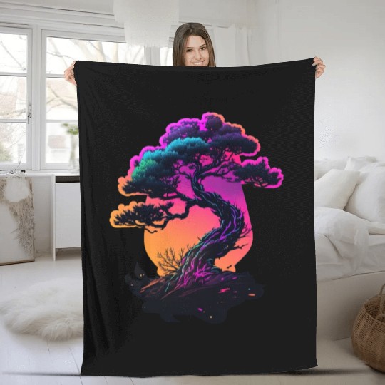 Synthwave Bonsai Tree Fleece Blankets