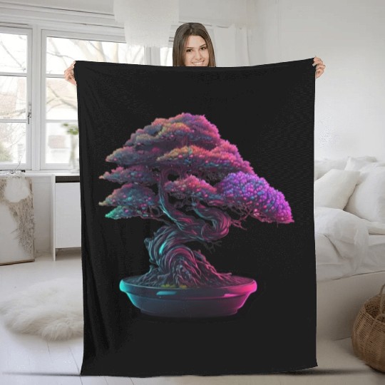Synthwave Bonsai Tree Fleece Blankets