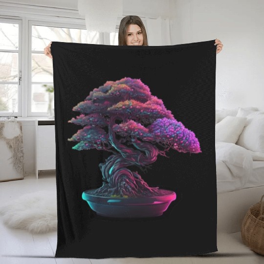 Synthwave Bonsai Tree Fleece Blankets