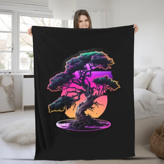 Synthwave Bonsai Tree Fleece Blankets