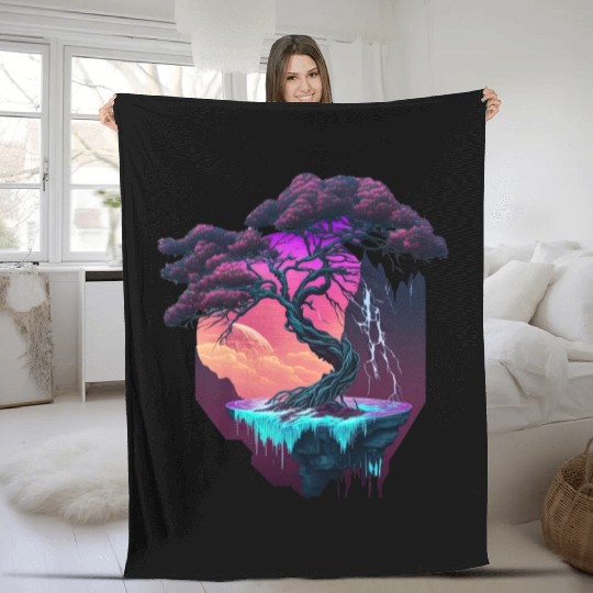 Synthwave Bonsai Tree Fleece Blankets