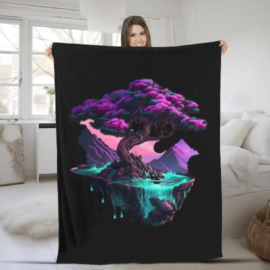 Synthwave Bonsai Tree Fleece Blankets