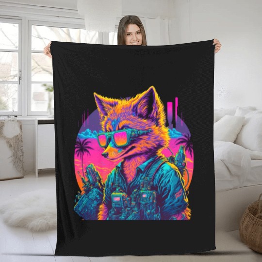 Retro Futuristic Synthwave Fox Fleece Blankets
