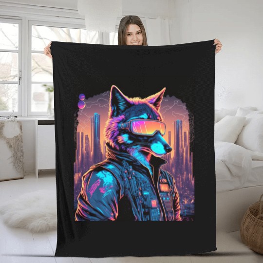 Retro Futuristic Synthwave Fox Fleece Blankets