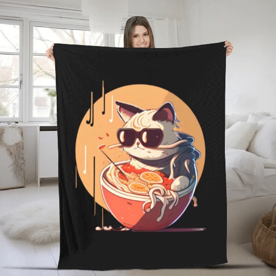 cat eating Chinese food,cute design for Meow lover Fleece Blankets
