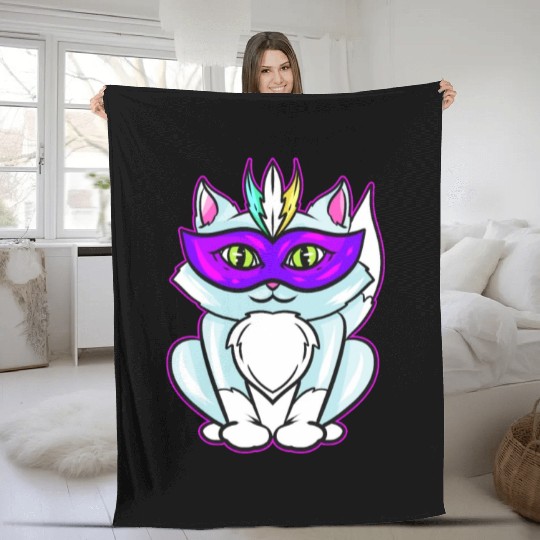 Cute Kawaii Cat With Purple Mask For Mardi Gras Fleece Blankets