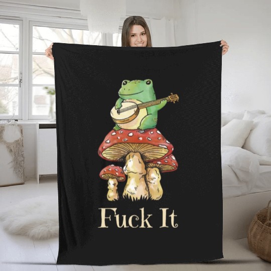 Cottagecore Frog Playing Guitar says Fuck It Fleece Blankets