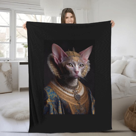 Black King Devon Rex Cat Breed Portrait Royal Rena Fleece Blankets