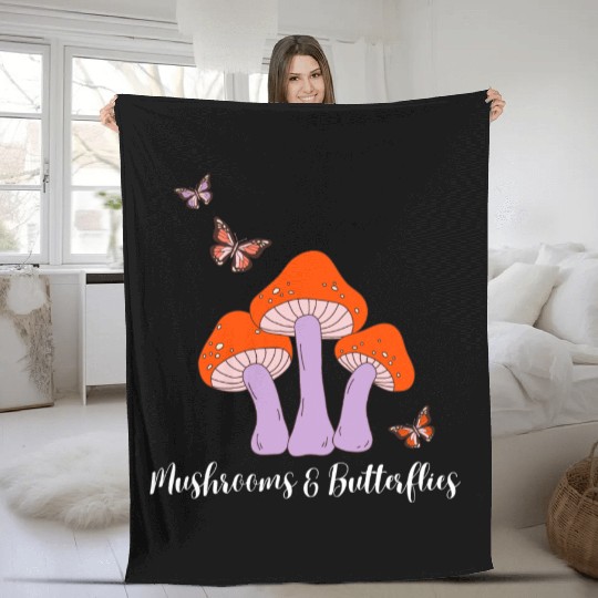 Mushrooms Butterflies Design Fleece Blankets