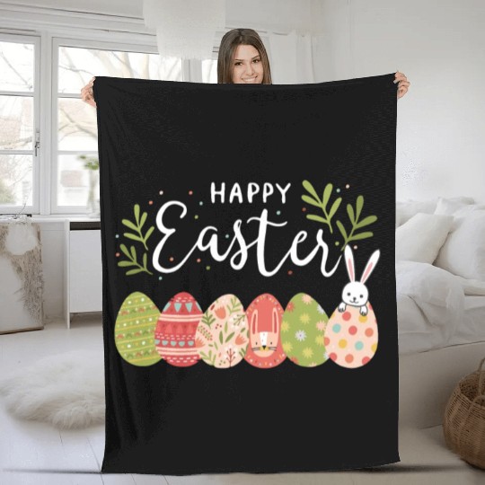 Happy Easter Spring Flowers Bunny Rabbit Egg Hunt Fleece Blankets