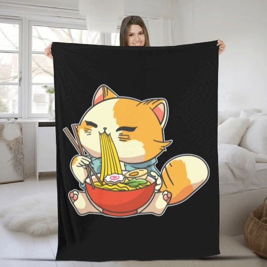 Cat Ramen Bowl Anime Kawaii Neko Japanese Noodles Fleece Blankets