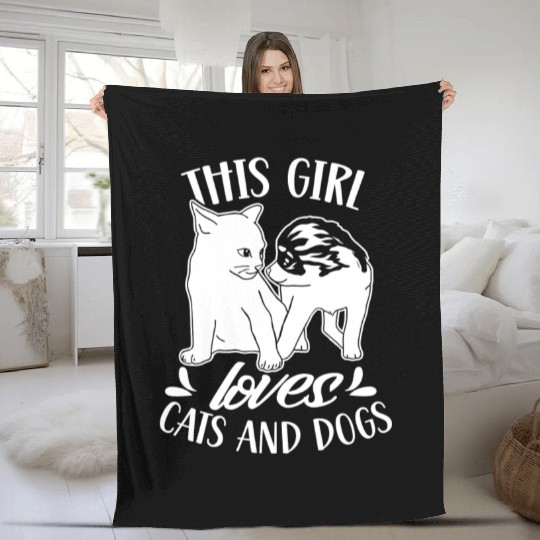 This Girl Loves Cats And Dogs Dog Cat Lover Fleece Blankets