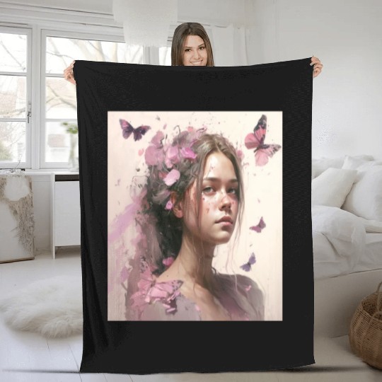 Breast Cancer Survivor Pink Flower Hair Girl Fleece Blankets