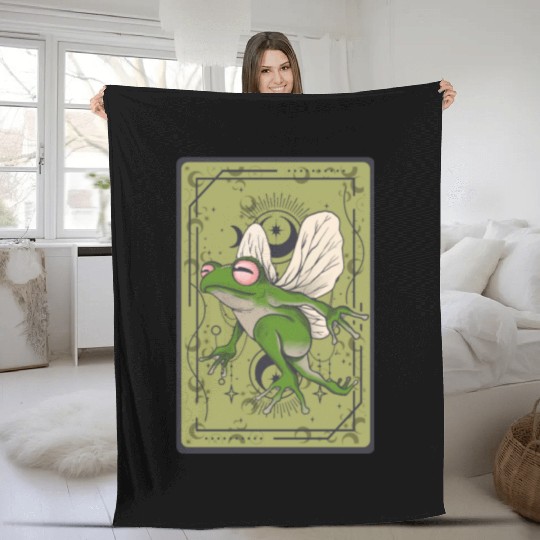 Frog Fairy Tarot Card Celestial Moon Occult Cottag Fleece Blankets