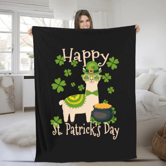 Happy St Patricks Day Llama Dad Mom Boy Girl Fleece Blankets