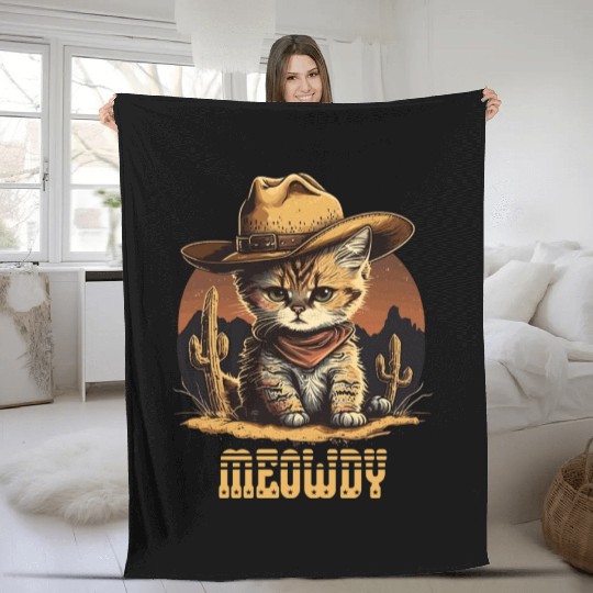 Meowdy - Funny Mashup Between Meow and Howdy - Cat Fleece Blankets