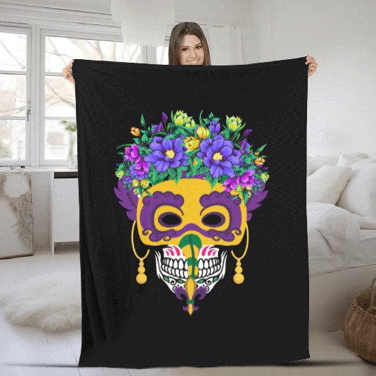 El Dia De Los Muertos Mardi Gras Mask Flower Sugar Fleece Blankets