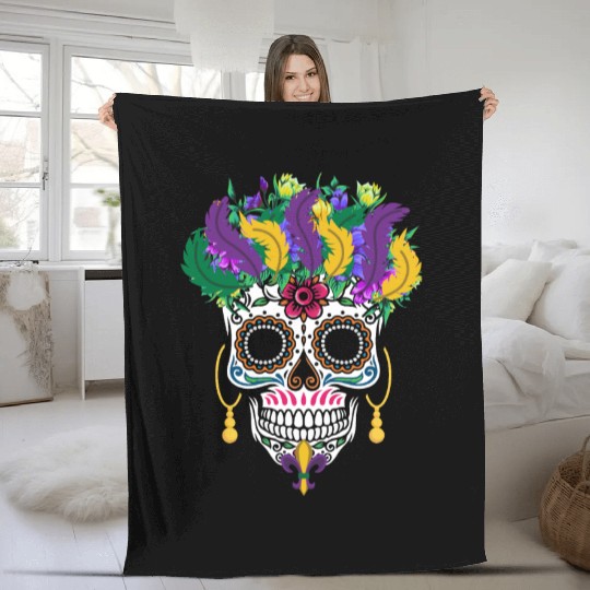 Mardi Gras Costume El Dia De Los Muertos Flower Fleece Blankets