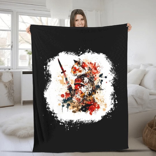 Cute Samurai Cat Fleece Blankets