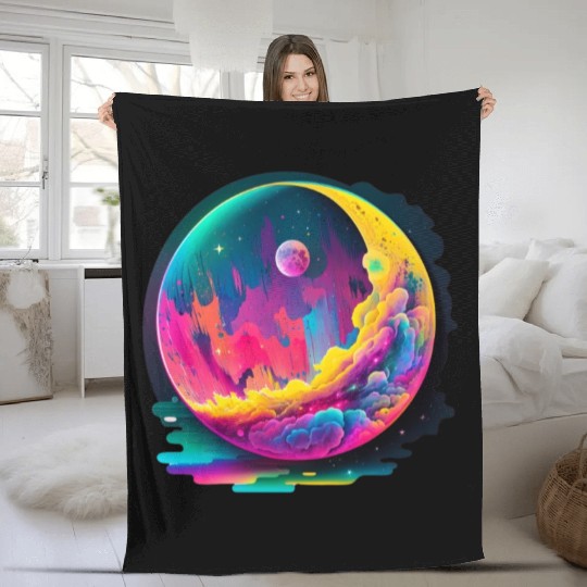 Neon Abstract Watercolor Moon Fleece Blankets