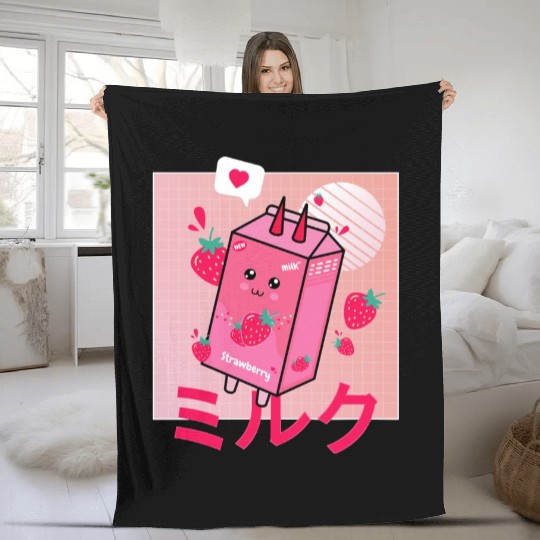 Strawberry Milk Shake Funny Retro 90s Japanese Fleece Blankets