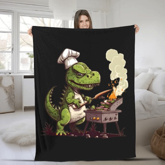 Baby Dinosaur Using A Charcoal Grill Cooking Meat Fleece Blankets