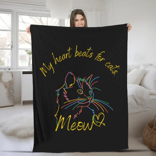 My heart beats for cats Funny Meow Fleece Blankets