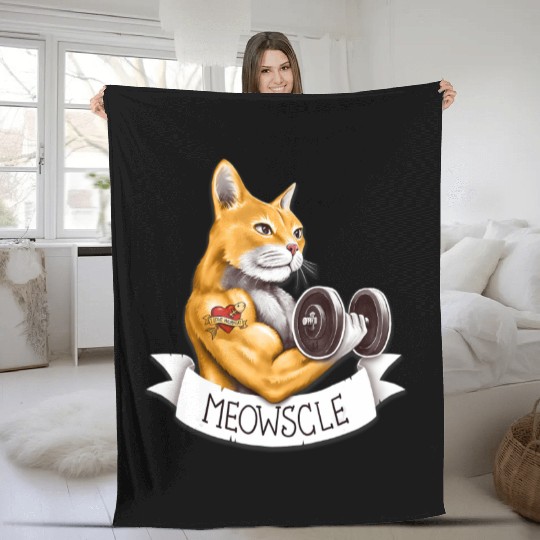 Meowscle Workout Cat Pun Fleece Blankets